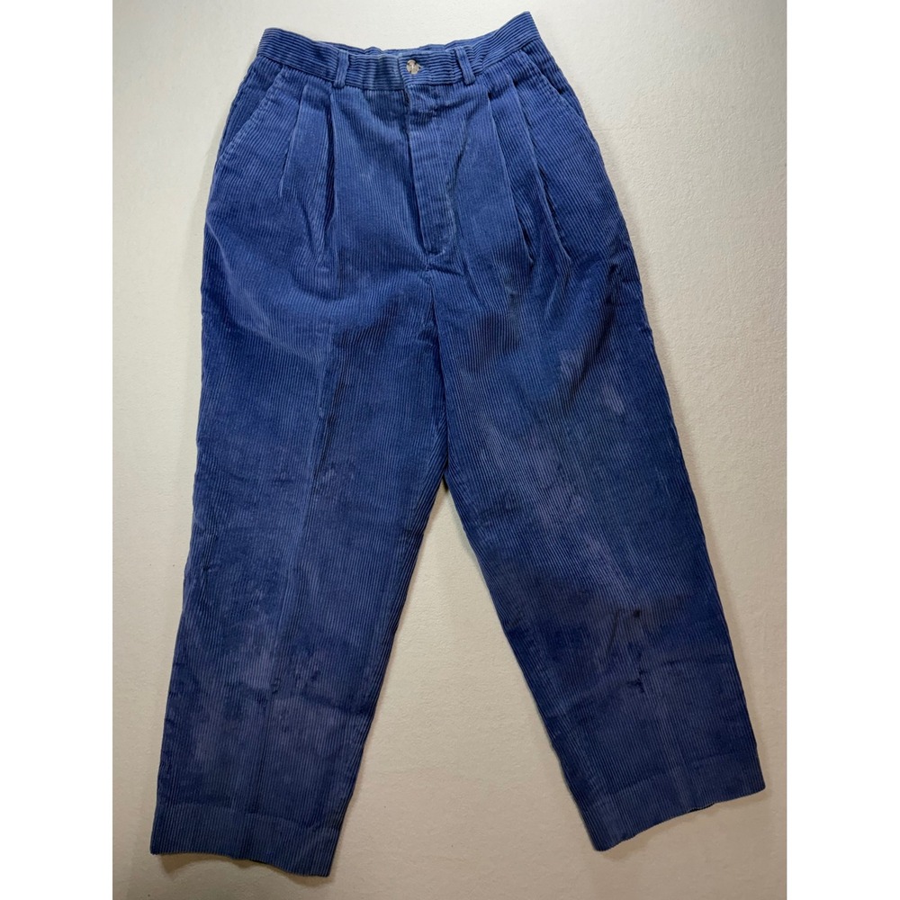 Lands End Vintage Blue Corduroy Pleated Pants Mens Made in USA Wide Wale